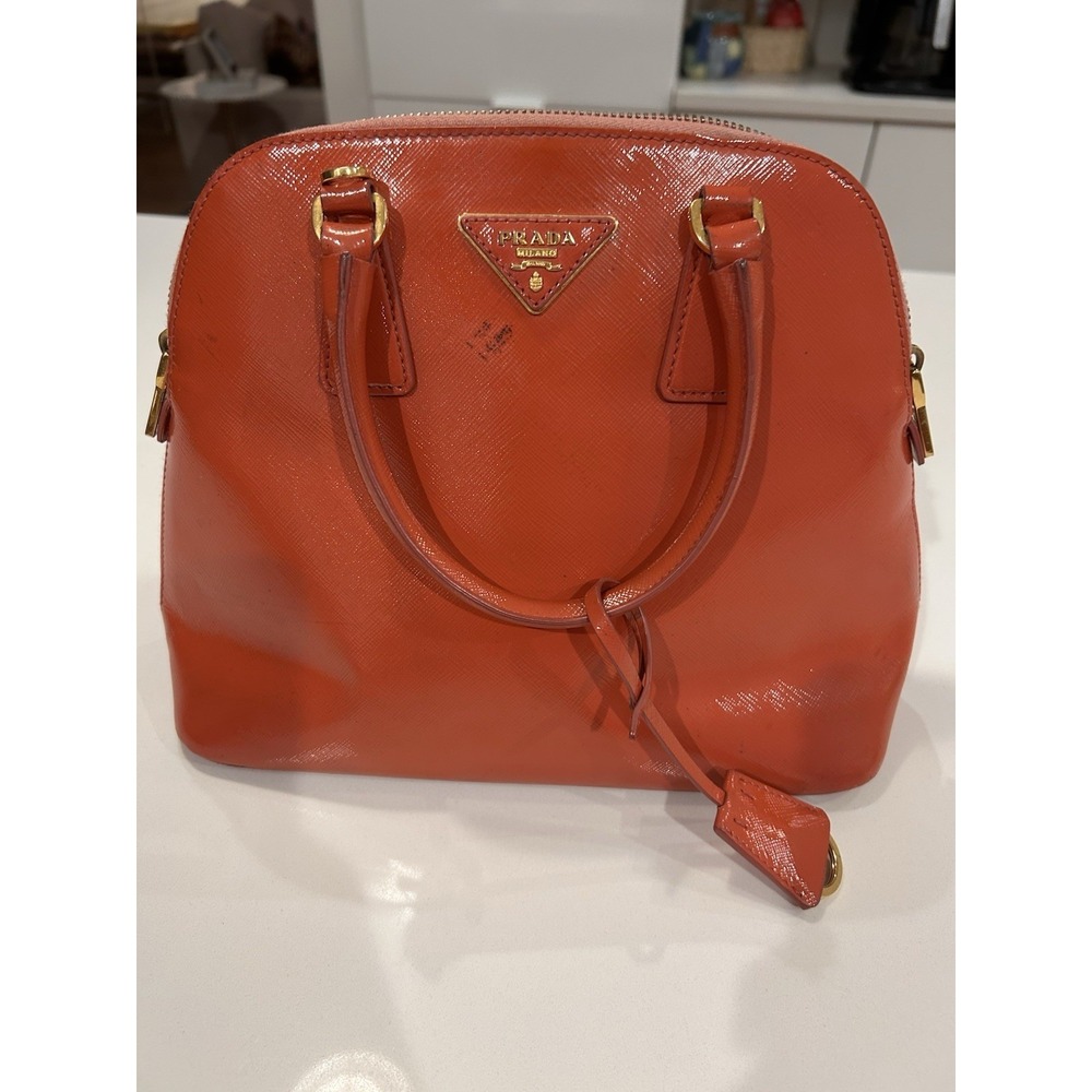 Prada Saffiano Vernice Promenade Patent Leather Orange Hand Bag Purse Top Handle - Picture 11 of 16